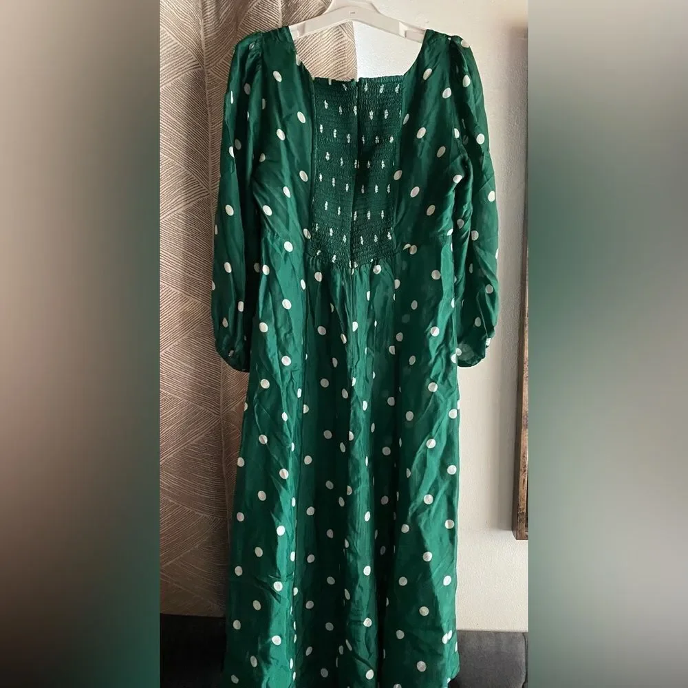 J Crew Midi Dress Women's Green White Polka Dot Long Sleeve  Sweetheart Sz 4